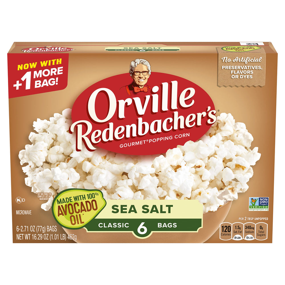 Orville Redenbacher's front box showing avocado oil sea salt and six-count convenience