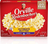 Orville Redenbacher's front box view showing buttery popcorn and serving suggestion benefit