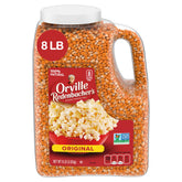 Orville Redenbacher's front packaging showing 8 lb jug and clear labeling, convenient bulk supply