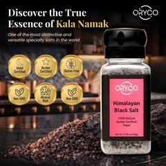 Oryco coarse Kala Namak crystals detail, shows texture and aroma potential