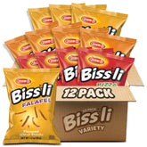 Osem Bissli front packaging showing variety pack, clear visual of three flavors and portion sizes benefits portability