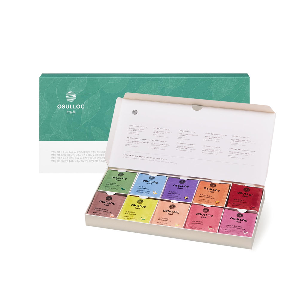 Osulloc front box display showing elegant gift packaging and variety benefits