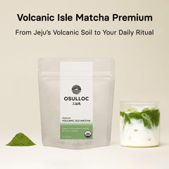 OSULLOC close-up of finely milled matcha powder showing silky texture and vibrant green