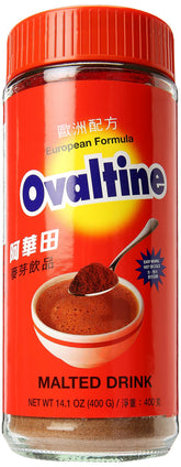 Ovaltine front tin showing European formula and benefits