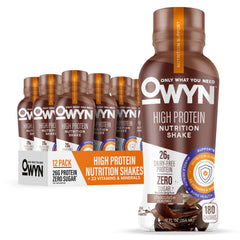 OWYN chocolate front packaging showing nutrition facts and convenience benefit
