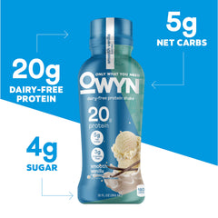 OWYN close-up bottle label highlighting 20g protein and clean ingredients
