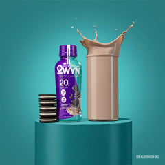OWYN size comparison with hand demonstrating portable shelf-stable bottle