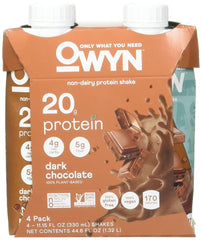 OWYN dark chocolate front packaging shows bottle and label, highlights vegan convenience