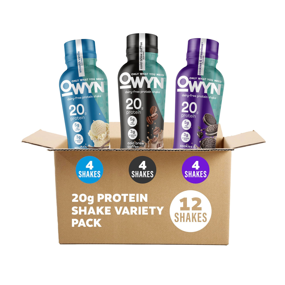 OWYN front packaging 12-count variety pack showing bottles and brand benefits