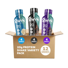 OWYN front packaging 12-count variety pack showing bottles and brand benefits
