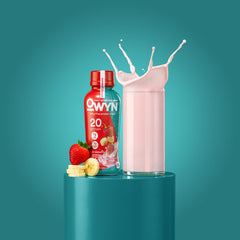 OWYN shake beside gym gear showing post-workout recovery convenience
