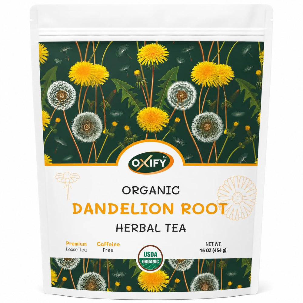 Oxify front packaging showing 16 oz organic dandelion root pouch and label benefit