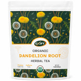Oxify front packaging showing 16 oz organic dandelion root pouch and label benefit