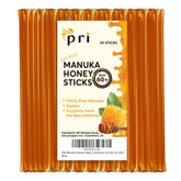 P.R.I front packaging of 50 manuka honey sticks showing convenience and portion control