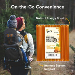 Close-up of a single P.R.I manuka honey stick highlighting easy-tear seam and portability
