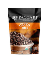 pacari front packaging 16oz showing brand and unsweetened cacao nibs for pure flavor