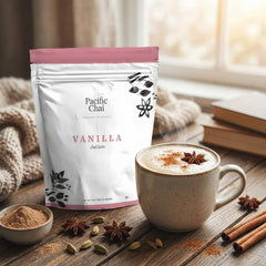 Pacific Chai hot vanilla chai latte in cup showing creamy aromatic beverage