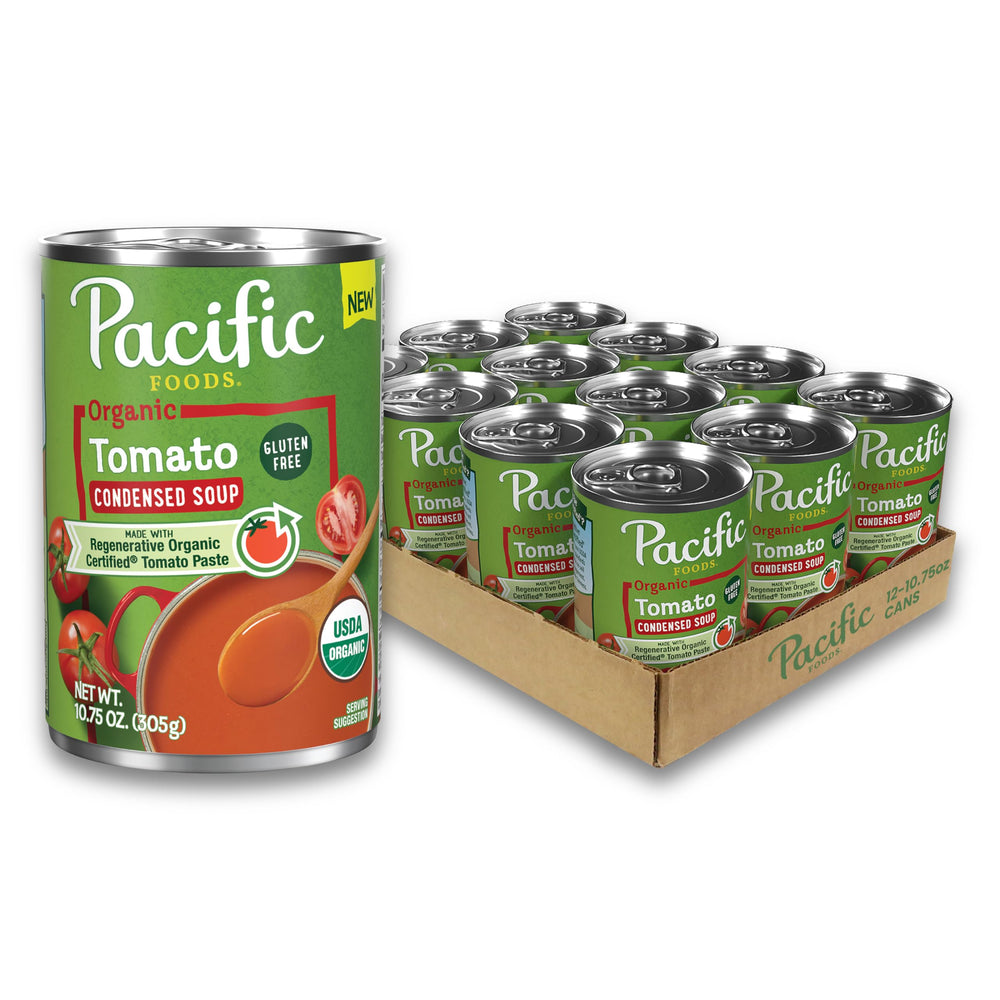 Pacific Foods front can view showing organic tomato soup label and pantry benefit