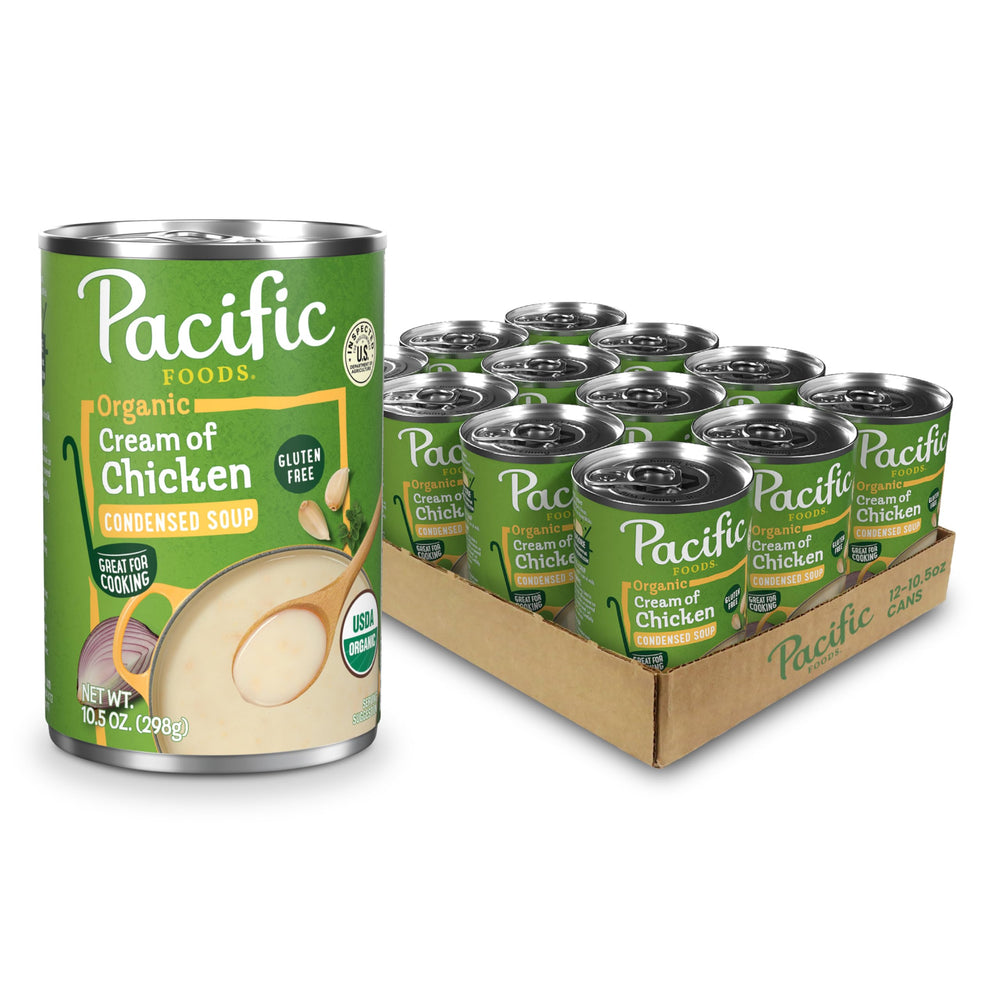 Pacific Foods front can label showing organic cream of chicken and easy recognition