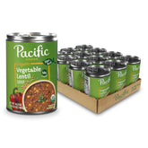 Pacific Foods front can label showing organic vegetable lentil soup and benefits