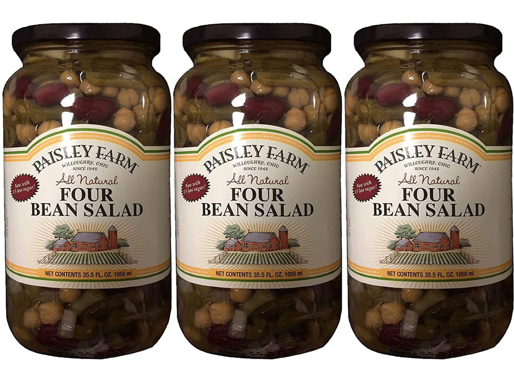 Paisley Farm glass jar showing four bean salad, visible colors and easy serving