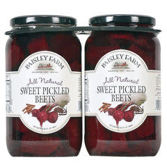 Paisley Farm front packaging showing two 35.5 oz jars and vibrant sliced beets
