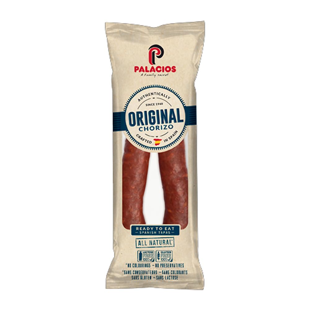 Palacios chorizo front packaging showing brand and natural cured sausage benefits