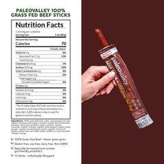 Paleovalley open pack with beef sticks ready to eat, convenient portable snack