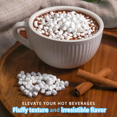 Palm and Plenty marshmallow bits topping hot cocoa and enhancing longer-lasting texture
