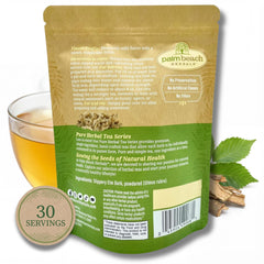 Palm Beach Medicinal Herbs foil-lined pouch open to reveal sealed tea bags and preserved aroma