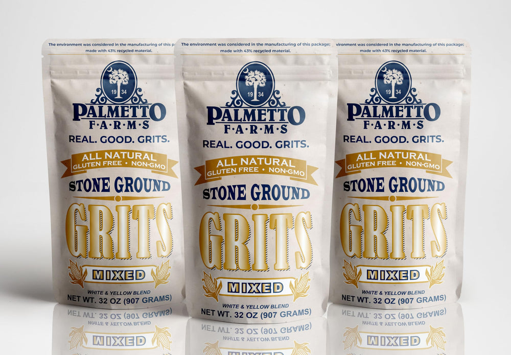 Palmetto Farms front packaging shows mixed yellow and white grits and freshness