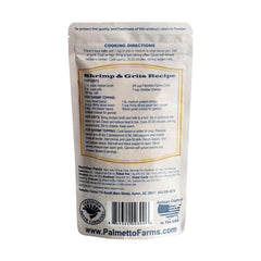 Palmetto Farms open bag of yellow grits with visible coarse grains, fresh texture