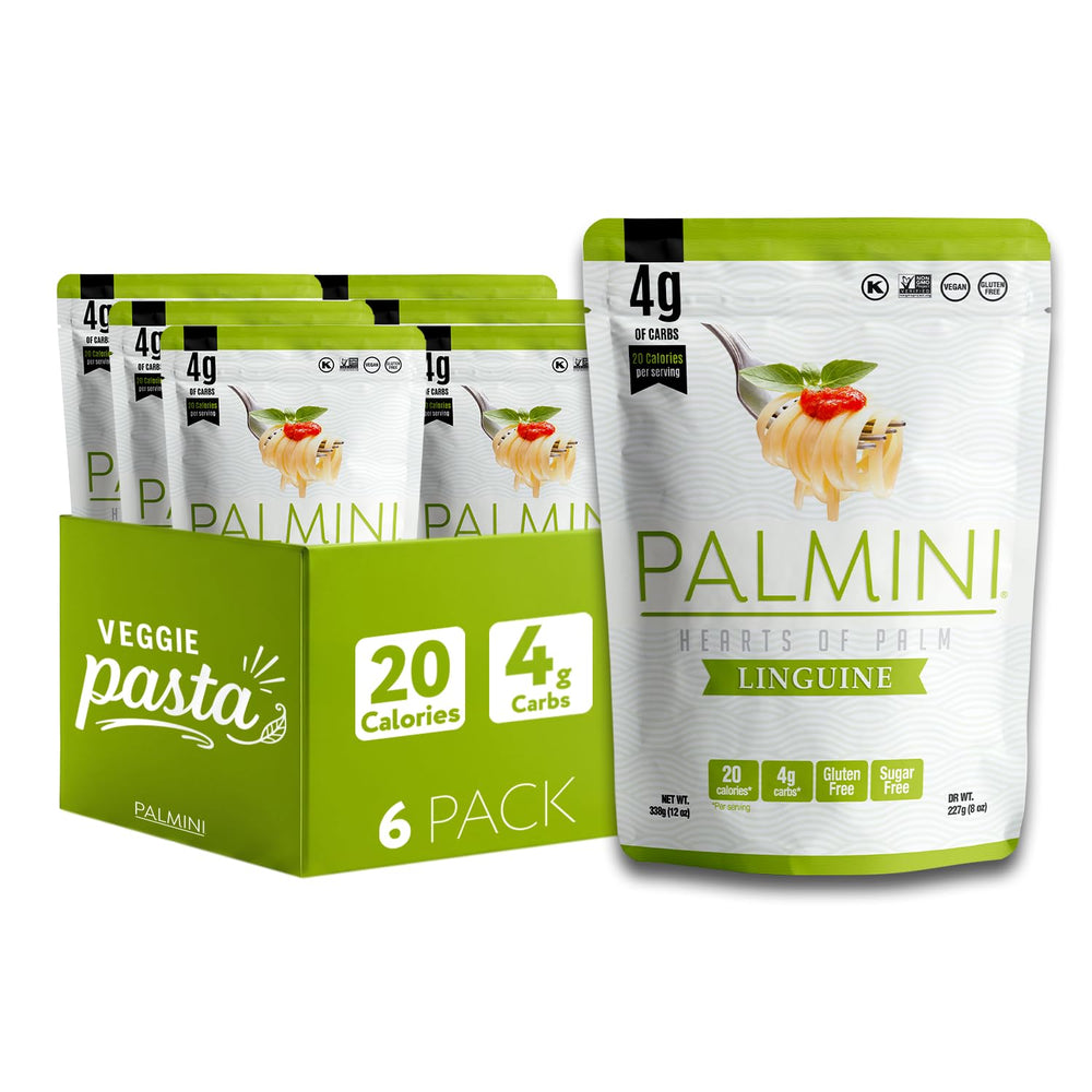 Palmini front packaging showing linguine pouches and branding benefit low carbs