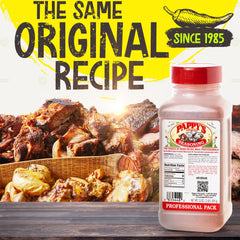 Pappy's Fine Foods being sprinkled on steak adding bold grilled flavor