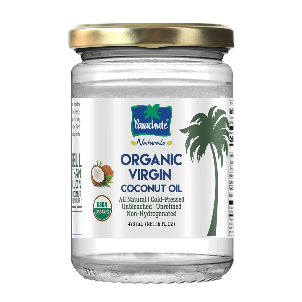 Parachute Naturalz front glass jar showing label and purity benefit