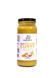 Parami front packaging of yellow curry sauce showing 16 oz jar and branding benefits