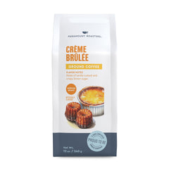 Paramount Roasters front packaging shows creme brulee flavor and vacuum-sealed freshness