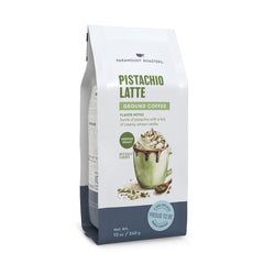 Paramount Roasters front packaging showing pistachio latte branding and benefit of flavored convenience