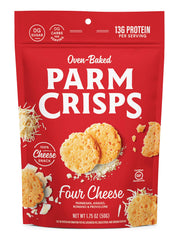 ParmCrisps Four Cheese bag label showing artisan blend and quality