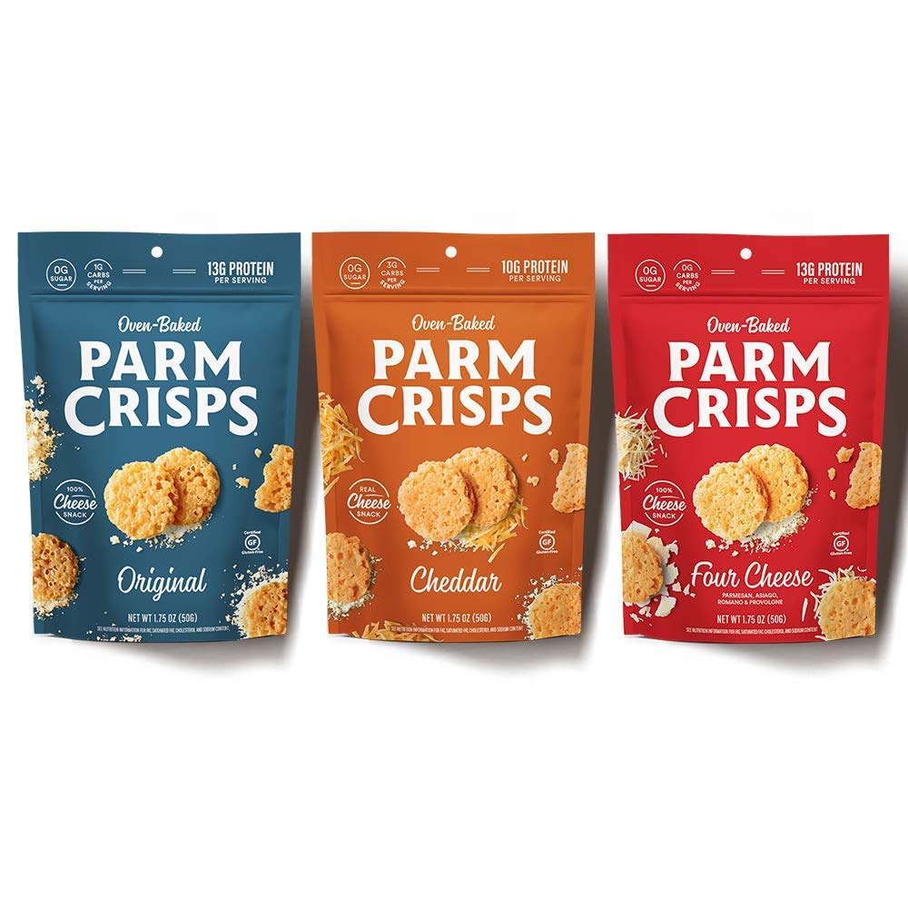 ParmCrisps three-pack front packaging showing variety and convenience