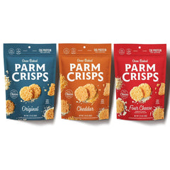 ParmCrisps three-pack front packaging showing variety and convenience