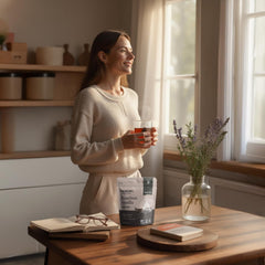 Paromi poured cup in lifestyle setting showcasing smooth vanilla black tea for comforting moments