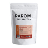 Paromi pouch front showing branding and cinnamon chai rooibos benefits