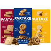 Partake front packaging showing three boxed flavors and safe-snack clarity