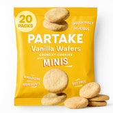 Partake front box showing mini vanilla wafers and allergen-free badge for confident snacking