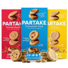 Partake front packaging showing three-flavor variety pack, clear safe-snacking option