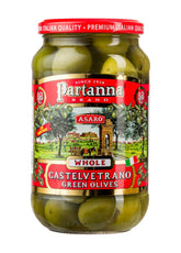 Partanna jar front label showing 19 oz authentic Sicilian olives and easy serving