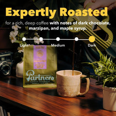 PARTNERS COFFEE ROASTERS close-up of dark whole beans highlighting rich surface oils and texture for flavor