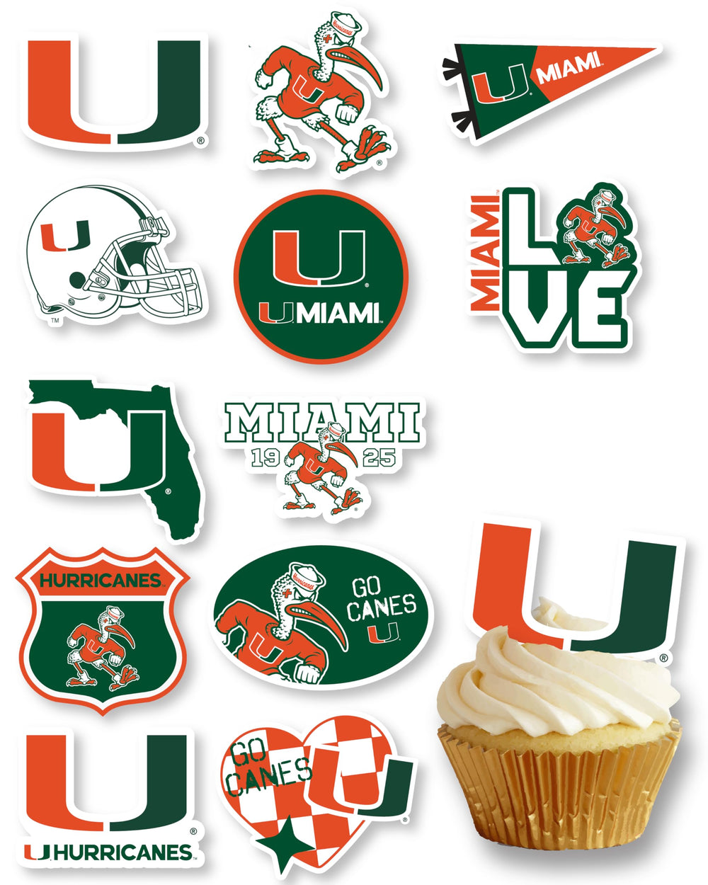 PartyKandy front packaging showing 24 Miami Hurricanes toppers and quick setup benefit