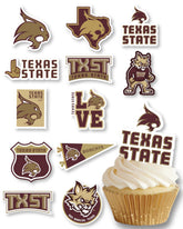 PartyKandy front packaging showing 24 TXST Bobcats toppers, quick setup benefit